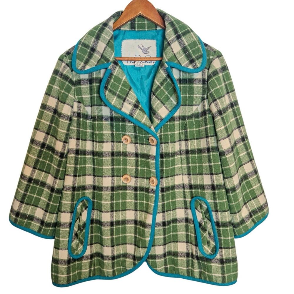 Vintage Y2K Tabitha Green Plaid Double Breasted Wool Blend Jacket Size Large - Picture 2 of 7